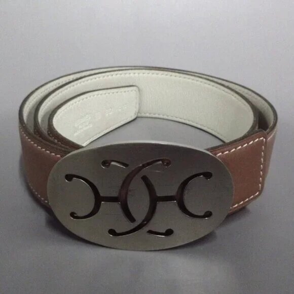 100% Auth HERMES Double H Brown Cream Leather Hardware square K Belt 364-102724 - Picture 1 of 7